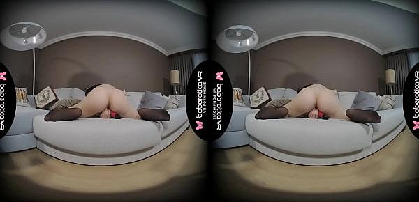  Solo girl, Anastasia is toying her shaved pussy, in VR